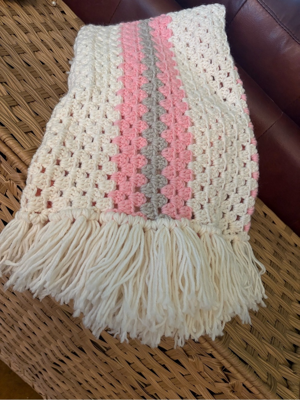 Handmade Cream and Pink Crochet Fringe Throw Blanket by